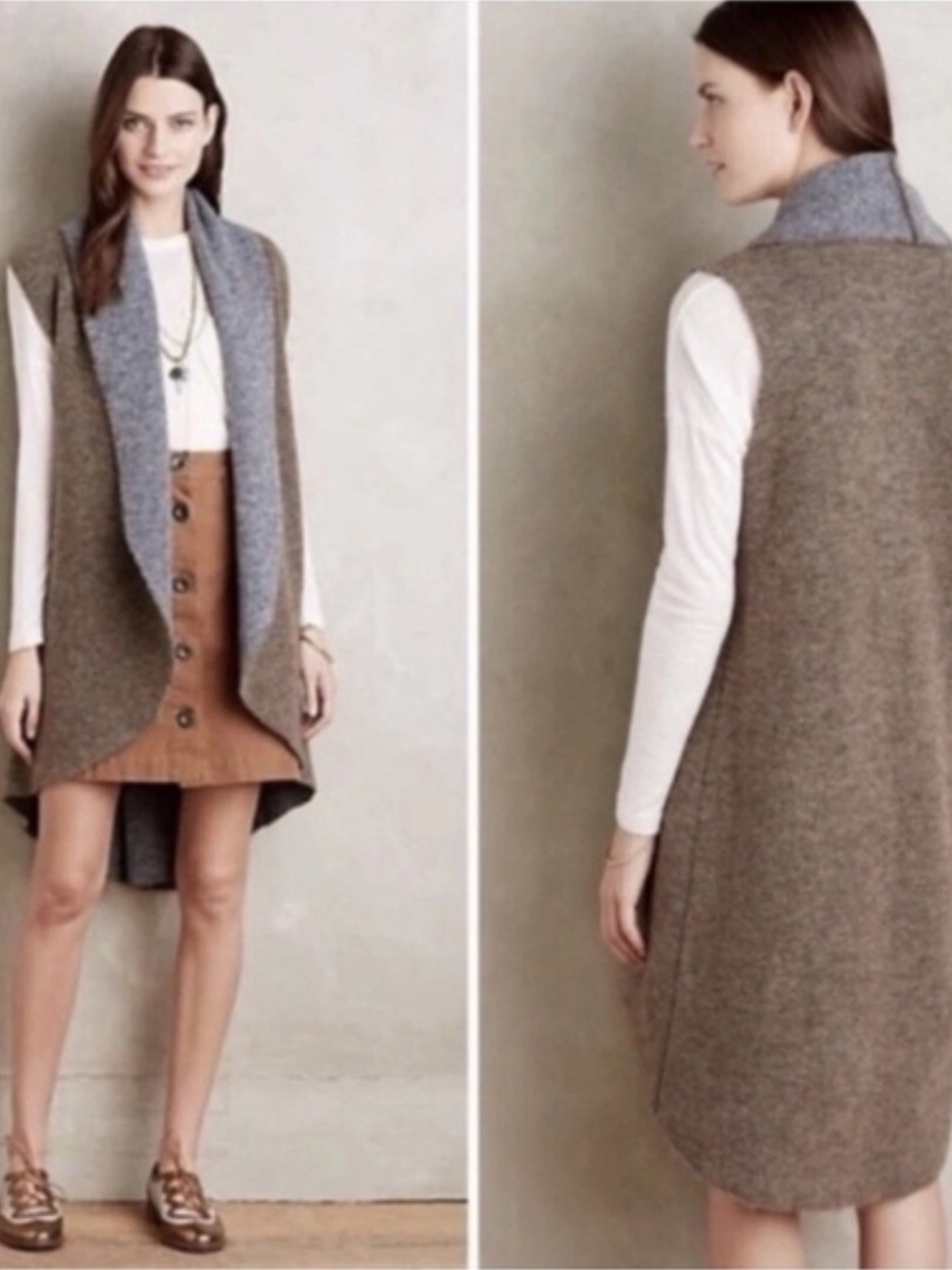Moth Anthropologie Avalee Wool Blend Long Sweater Vest Shawled Grey Brown XS/S